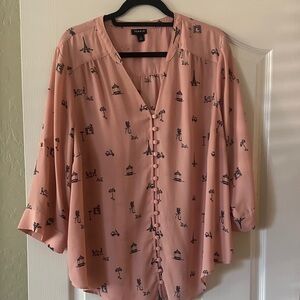 Torrid Blush Pink paris Eiffel Tower Patterned Blouse sz 1